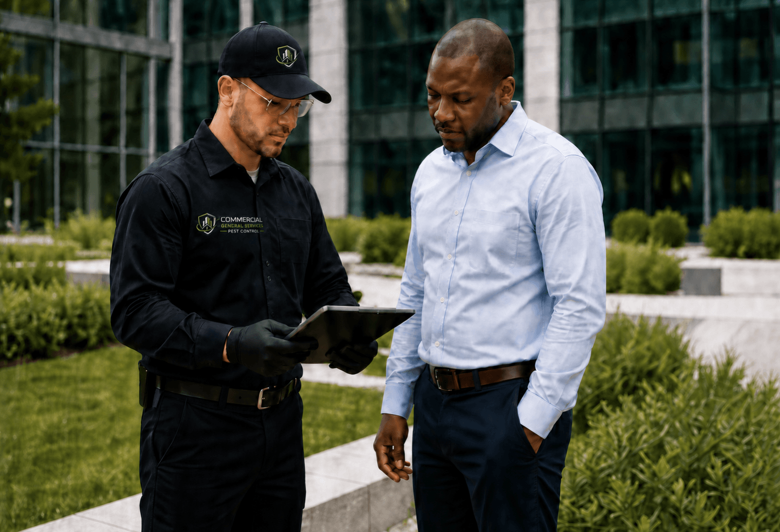 A pest control technician discussing a treatment plan with a client